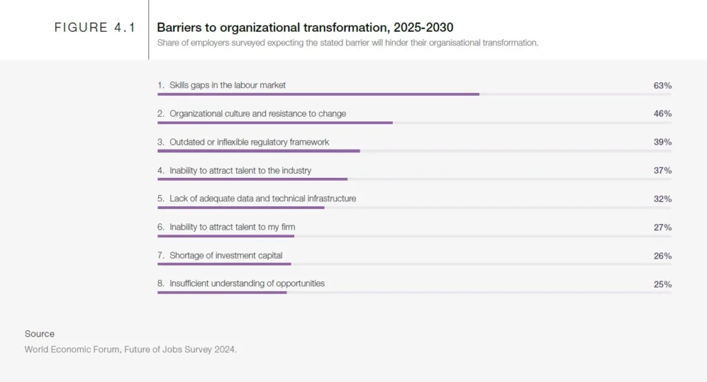 Future Workforce Strategies: 63% of employers see skill gaps as the biggest barrier to business transformation.
